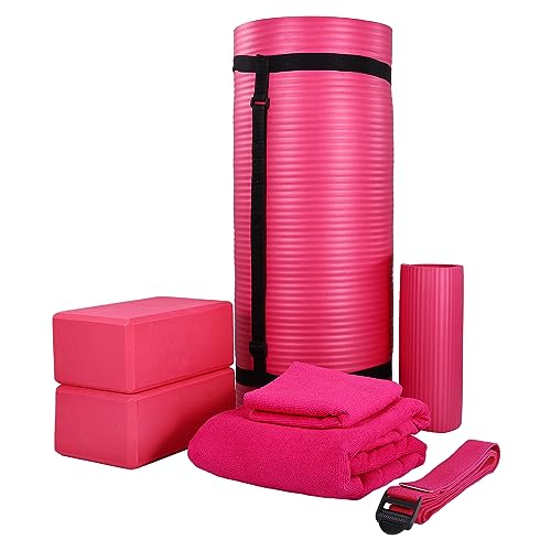 BalanceFrom 7-Piece Yoga Set with 71x24x1 Inches Extra Thick Mat and Carrying Sling – Includes 2 Blocks, Stretch Strap, 2 Towels, and Knee Pad for Home, Studio, and Gym Workouts - color: Pink