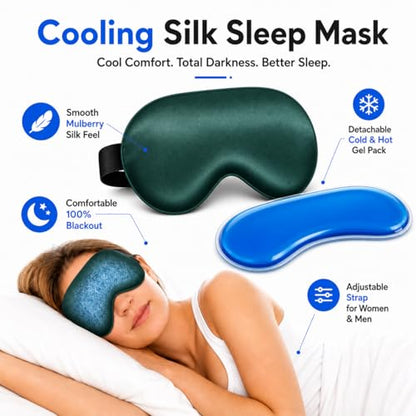 Cooling Sleep Mask with Mulberry Silk Surface & Removable Gel Pack - color: Cooling Bark Green