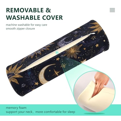 Purple Boho Sun Moon Neck Roll Pillow Bolster Round Health Memory Foam Long Cervical Cylinder Pillows with Removable Washable Cover for Body Bed Legs Back Yoga - color: Purple Boho Sun Moon