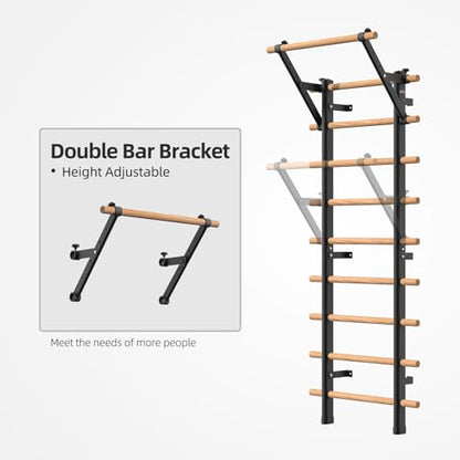 DHT Wood Stall Bar, Swedish Ladder Suspension Trainer with 9 Strategic Rods, for Home, Gym, School and Clinics, Black - color: WA1-D