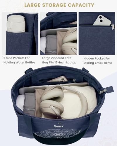 Gonex Yoga Mat Bag For Women Canvas Tote Pilates Gym Bag With Mat Carrier | Front-Opening Quick Access Mat Straps, Durable Cotton Canvas, Machine Washable, Bottle Holder Multi Pockets, Yoga Gym Travel - color: Blue, size: Classic (15.5×5.5×14.5inch)