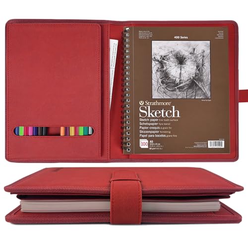 Plinyvel Red Leather Sketchbook Cover 5.5x8.5, Travel Drawing Portfolio | Portable sketch kit organizer, pencil holder, Fits 5.5x8.5 Sketch Book, Spiral Pad, Compact artist storage case - color: Red, size: Small-5.5x8.5