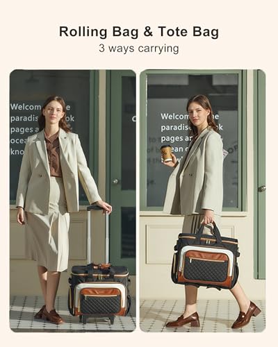 LOVEVOOK Rolling Teacher Bag, Laptop Tote with Detachable Dolly | Fits 17.3 Inch Laptop, Detachable Dolly, Large Rolling Tote Bag for Teacher Office Work Nurse, Adjustable Handle - color: Black-beige-brown