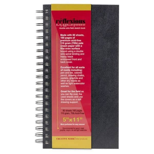 Creative Mark Double Wire Spiral Bound Field Sketch Book [160 Pages - 5 x 11], Black Embossed Leatherette Journal, Light Cream Acid-Free Paper, Perfect for Dry Media and Drawing - size: 5 x 11" - Single