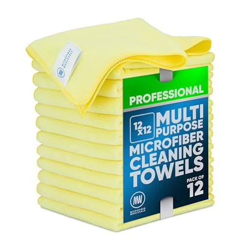 MW PRO Microfiber Cleaning Cloths Yellow (12 Pack, 12x12) - Commercial Janitorial Towels & Lint Free Rags - Heavy Duty for Auto Detailing, Glass Windows, Housekeeping & Screens - Washable 300+ Times - color: Yellow, size: 12 Count (Pack of 1)