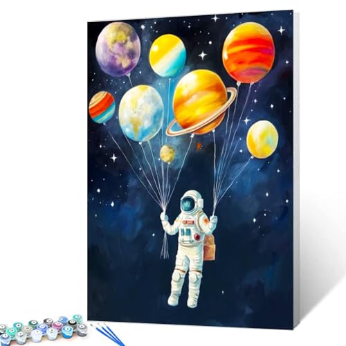 Astronaut Holding Planets Balloons DIY Paint by Numbers for Adults Outer Space Astronaut DIY Digital Oil Painting Acrylic Paint Graffiti Painting Kits Canvas Pop Art Decor 16x20 Inch （DIY Frame ） - color: Space Astronaut 03, size: 16''x20''(DIY Frame)