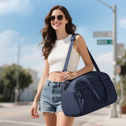 Women's Duffle Gym Bag, Carry-On Shoe Compartment for Weekender Overnight - color: Navy, size: Medium