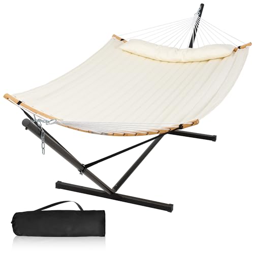 Outdoor Hammock with Stand Included, Two Person Hammock, Beige | Heavy Duty Hammock with Curved Spreader Bars, Pillow, Safety Ropes and Portable Carring Bag, Large Hammock, Max 450 Lbs - color: Beige