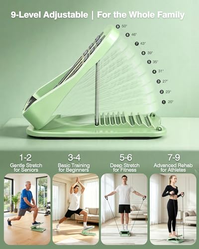 9-Level Adjustable Slant Board for Calf Stretching, Incline Board with 2 Resistance Bands, Portable Calf Stretcher for Teenagers, Office Foot Rest & Physical Therapy Equipment - color: Green