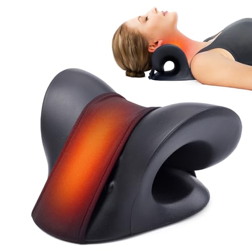 Cozyhealth Neck Stretcher for Neck Pain Relief, Heated Cervical Traction Device Pillow with Graphene Heating Pad, Neck and Shoulder Relaxer for TMJ Pain Relief and Cervical Spine Alignment (Black) - color: Black
