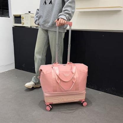 Expandable Rolling Travel Bag with Removable Wheels & Handle, Large Capacity Wheeled Duffle Tote, Foldable Carry On Luggage for Women, Lightweight Weekender Overnight Bag (Pink) - color: Pink