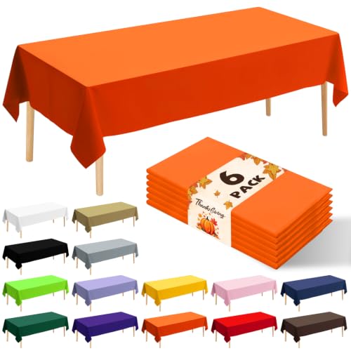 6 Pack Premium Disposable Plastic Tablecloth 54" x 108" Party Table Cloths Disposable for 6 to 8 Foot Tables Indoor or Outdoor Birthdays Weddings Christmas Anniversary Buffet Table (Orange) - color: Orange
