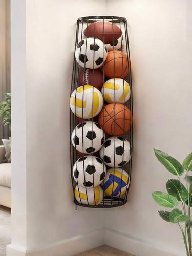 Garage Ball Storage Rack, Wall Mount Corner Holder with Elastic Cords Black
