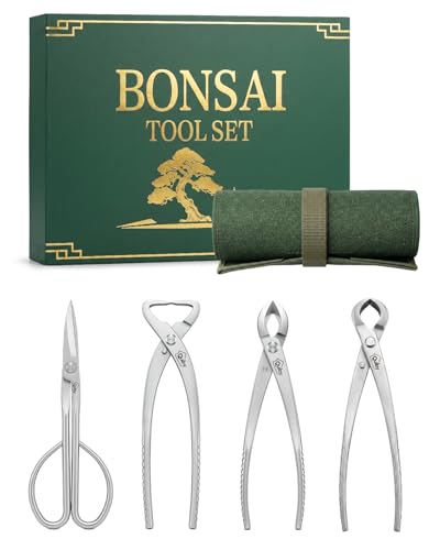 4-Piece Bonsai Tools Set with Tool Roll Bag and Luxury Gift Box | Bonsai Starter Kit, Include Concave Cutter, Knob Cutter, Trunk Splitter, Bonsai Scissors, Stainless Steel Bonsai Tree Kit