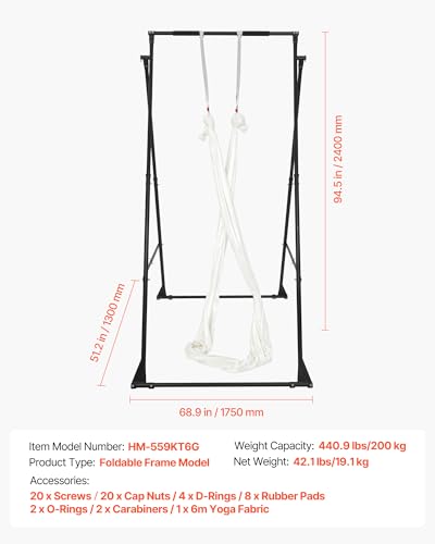 VEVOR Yoga Stand Frame, Max 440.9 lbs Load Swing Stand, Triangular Structure Aerial Rig, Aerial Silk Stands with EVA Foam & 6.6-Yard Yoga Hammock, 4-Level Horizontal & 6-Level Vertical Adjustment