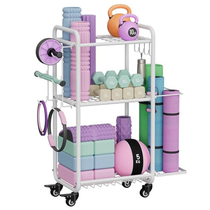 Multi-Functional Home Gym Storage Rack with Wheels and Hooks - color: White