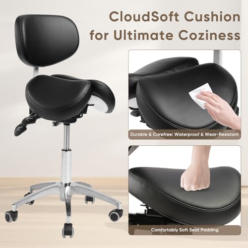 Ergonomic Saddle Stool with Backrest, 485 lbs Capacity Rolling Stool, 12 Tilt, Adjustable Height Split Seat Stool, 360 Swivel Rolling Chair for Office, Salon, Massage, Dental, Tattoo - color: Saddle Stool With Backrest
