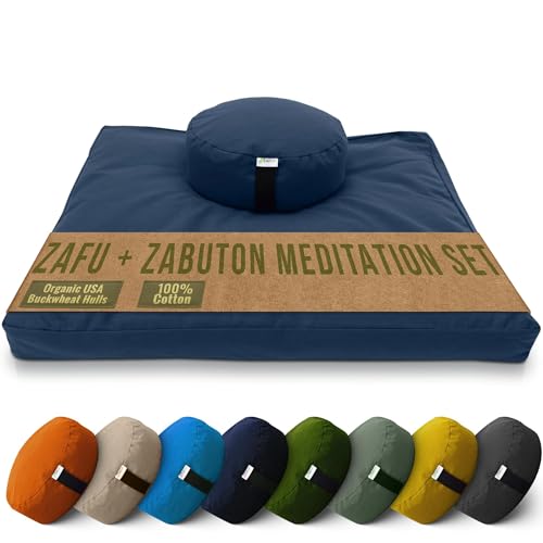 Bean Products Meditation Cushion Mat Set - Zafu Floor Pillow Organic Buckwheat Pillow + Cotton Filled Zabuton Prayer Pad - Meditation Pillow Yoga Knee Pad - Made in USA - 14" Round or 18" Oval - color: Navy - 10oz Cotton Canvas, size: Round Combo