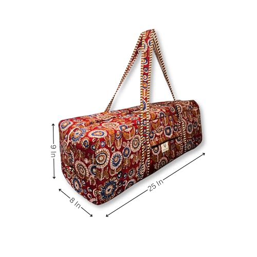 Large Capacity Handblock Printed Yoga Mat bag for Women, Gym Bag, Fits Yoga Blocks, Adjustable strap, Pilates, Gym, Fitness Block & Gear, Light and Durable - color: Ruby Bloom