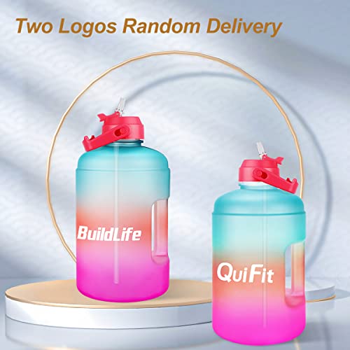 QuiFit 1 Gallon Water Bottle - with Straw & Motivational Time Marker Leak-Proof BPA Free Reusable Gym Sports Outdoor Large(128OZ/73OZ) Capacity Water Jug - color: QFA5 Green/Pink Gradient, size: 128 Ounces