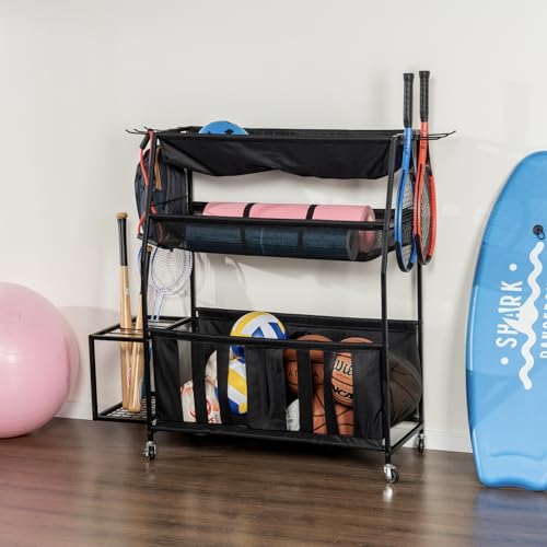 MyGift 3 Tier Sports Equipment Organizer Rolling Ball Storage Rack w/Hooks