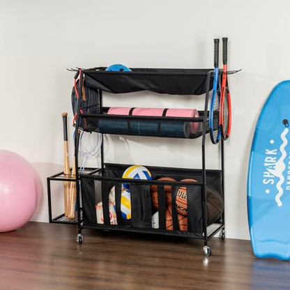 MyGift 3 Tier Sports Equipment Organizer Rolling Ball Storage Rack w/Hooks