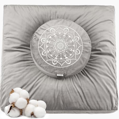 Hihealer Meditation Cushion, Traditional Tibetan Meditation Pillow Velvet Cover - Large Floor Cushion Seating for Adults - Yoga Buckwheat Bolster for Women、Moms | Buckwheat Yoga Bolster, Large Floor Cushion & Pillow for Adults, Zafu Zabuton Set, Zen Medit