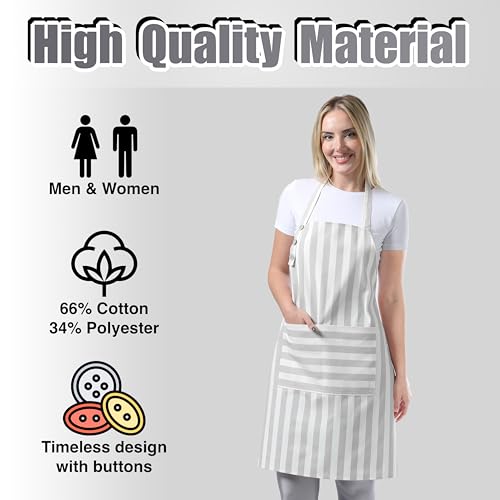 TOSHEX Kitchen Apron Cotton Waterdrop Resistant Adjustable Button Women Men | Premium Cotton Cooking Apron with Pocket. Striped, Gift, Gray - color: Gray