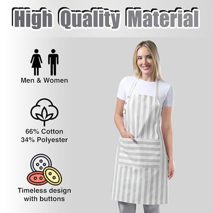 TOSHEX Kitchen Apron Cotton Waterdrop Resistant Adjustable Button Women Men | Premium Cotton Cooking Apron with Pocket. Striped, Gift, Gray - color: Gray