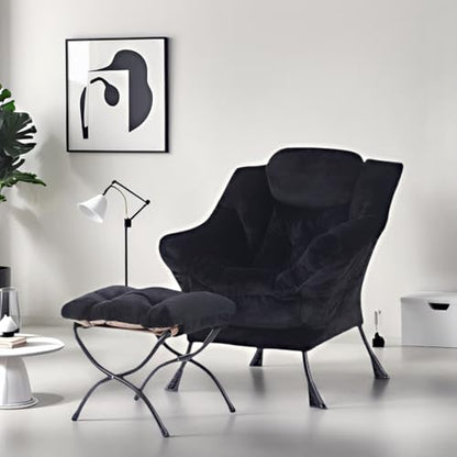 Tiita Lazy Chair with Ottoman, Comfy Reading Accent Chair, Plush Black | Foldable Footrest, Padded Seat and Backrest, Side Pocket for Lounging in Living Rooms, Bedrooms, Dorms and Small Spaces - color: Plush-blak