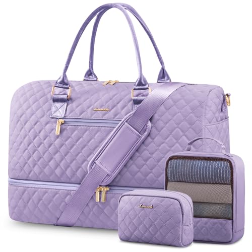 LOVEVOOK Travel Duffle Bag for Women, Weekender Overnight Bag with Shoe Compartment, Carry on Bag with Toiletry Bag, Gym Duffel Bag with Wet Pocket, Hospital Bags for Labor and Delivery 3 Pcs Set - color: Purple, size: Large