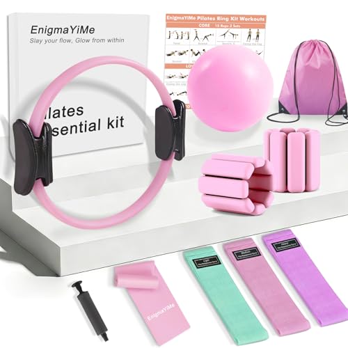 Pilates Ring Kit with Adjustable Ankle Wrist Weights, Resistance Bands, Ball, Pilates Equipment Ball for Home Workout to Tone, Sculpt and Strengthen, Fitness Magic Circle Rings for Yoga Women - color: Pink