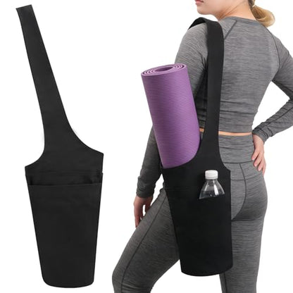 Yoga Mat Bag for Women, Long Tote Yoga Mat Carrier Holder Bag with Large Size Pocket & Zipper Pocket, Large Storage Pockets Fits Yoga & Most Size Pilates Mats for Workout Stuff, Black