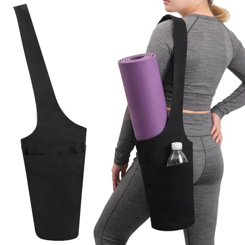 Yoga Mat Bag for Women, Long Tote Yoga Mat Carrier Holder Bag with Large Size Pocket & Zipper Pocket, Large Storage Pockets Fits Yoga & Most Size Pilates Mats for Workout Stuff, Black