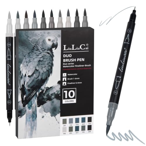 LIULIUCAI 10 Gray Dual Markers, Fine & Brush Tip Pen for Adult Coloring | Essential Gray Markers, Artist Drawing Pen for Realistic Shadows, Architectural Drawings, Sketching Illustration Journal - color: 10 Grey