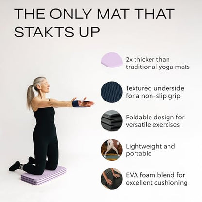 Stakt Foldable Yoga Mat Pro - Non Slip 2 in 1 Fitness Exercise Mat | Premium textured grip, 12 mm thick, folding design, EVA foam blend, supports Pilates, barre, and strength training - color: Lilac