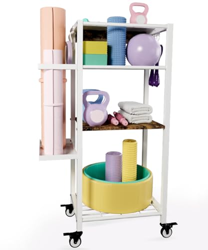 Yoga Mat Storage Rack with Wheels, 3 Tier Home Gym Workout Equipment Organizer for Dumbbells, Kettlebells, Foam Rollers - color: White