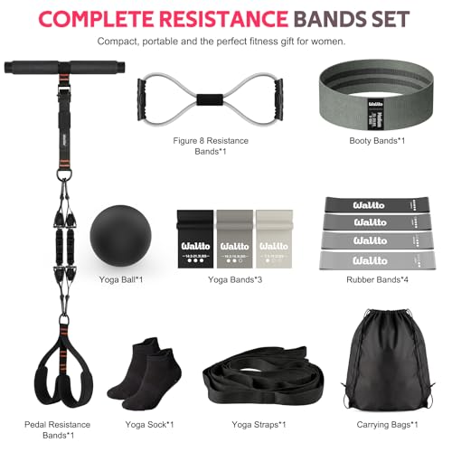 WALITO 15 PCS Pilates Kit, Adjustable Pedal Resistance Band with Handle, Figure 8 Resistance Band for Exercise Women, At Home Workout Equipment Set with Yoga Ball & Booty Bands for Full Body Gym - color: Black