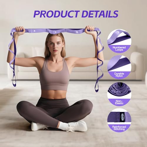 Non Elastic Stretching Strap with Loops - Yoga Straps for Physical Therapy, Durable Stretch Bands for Exercise, Flexibility Training, Hamstring & Leg Stretcher, Yoga/Pilates/Gymnastics - color: Purple