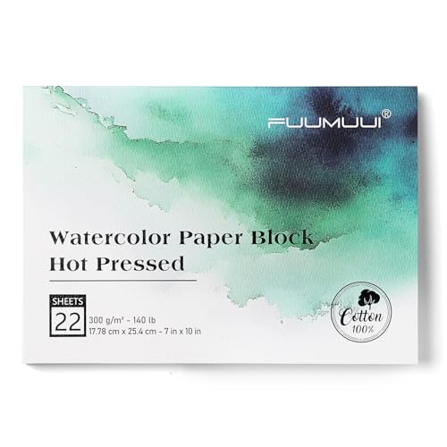 Fuumuui Watercolor Paper Block 7x10 Inch, Smooth Surface 100% Cotton Watercolor Paper, 22 Sheets, 140lb/300gsm, Hot Press, Acid-Free, Art Paper for Painting & Drawing, Wet, Mixed Media - color: Hot Press, size: 7“×10”