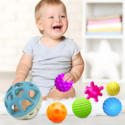 Sensory Toys for Babies, Montessori Textured Baby Balls and Wheat Straw Rattle, Baby Toys for 6-12 Months, Ideal Newborn Gifts for Boys and Girls, Toddler Toys for 1-3 - style: Textured Balls & Blue Rattle Set