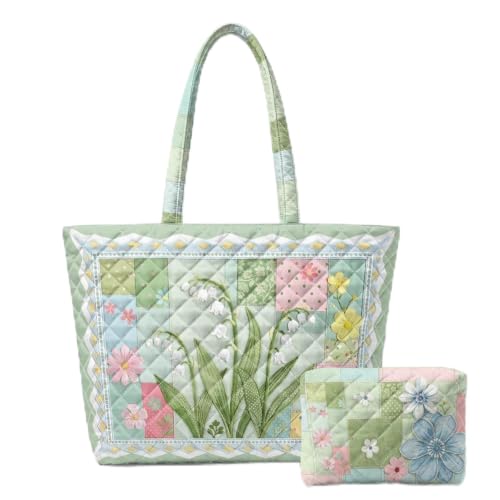 Quilted Tote Bag 2 Pack, Women's Tote Handbags for Work Travel - color: Sage Green Floral