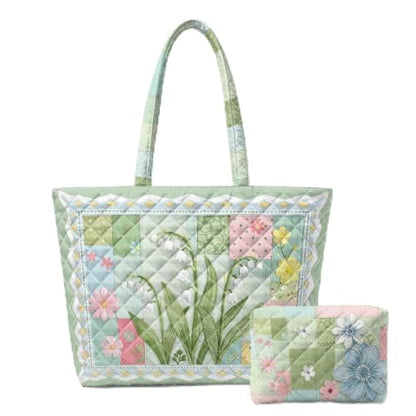 Quilted Tote Bag 2 Pack, Women's Tote Handbags for Work Travel - color: Sage Green Floral
