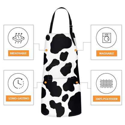 Apron with Pockets, 32x28 inch, for Women Men, Black White Cow | Spots Dalmatian Animal Milk Waterproof Adjustable Bib Aprons for Kitchen Cooking Baking Painting Gardening - color: Cow Spot