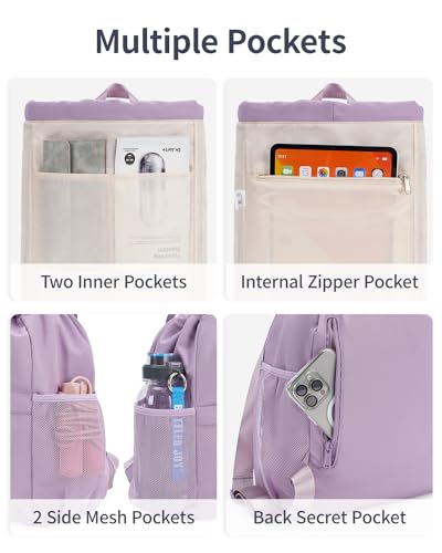 WANDF Drawstring Backpack for Women, Lightweight Gym Bag with Yoga Mat Strap, Water-Resistant String Backpack with Mesh Pocket (Purple, Patent Pending) - color: Purple