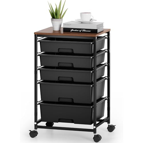 SYKIARIOL 5-Tier Rolling Cart with Drawers with Wooden Top, Black | Mobile Craft Storage Drawer Cart Trolley for Home Office, Classroom, Craft Room & Kid Room - color: Black
