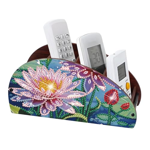 DIY Diamond Painting Storage Box, Pink Lotus Design Handmade 5D Diamond Art Case Multi-Compartment Wooden Desktop Organizer for TV AC Remotes Makeup Brushes Pens Holder Tabletop Craft Storage - color: Lotus