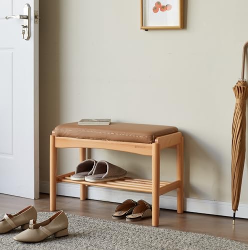 Oak Wood Shoe Bench, 24 Inch Entryway Bench with Brown Leather Cushion - color: Natural + Brown Leather Cushion, size: 23.62"