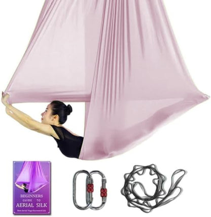 Aerial Yoga Hammock L:5M W:2.8M 5.5 Yards Aerial Pilates Silk Yoga Swing Set with 2000 Ibs Load Include Daisy Chain, Pose Guide - color: Light Pink