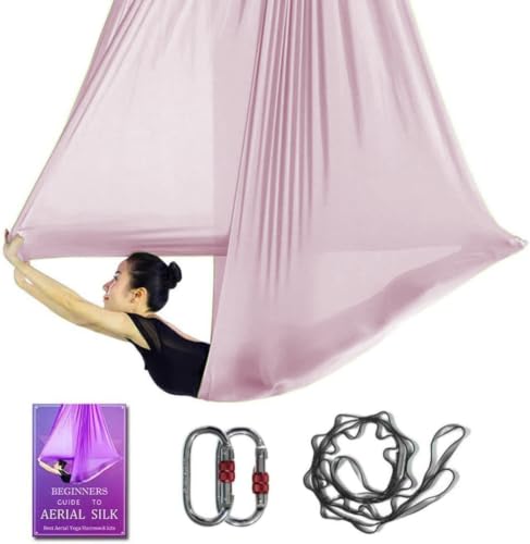 Aerial Yoga Hammock L:5M W:2.8M 5.5 Yards Aerial Pilates Silk Yoga Swing Set with 2000 Ibs Load Include Daisy Chain, Pose Guide - color: Light Pink